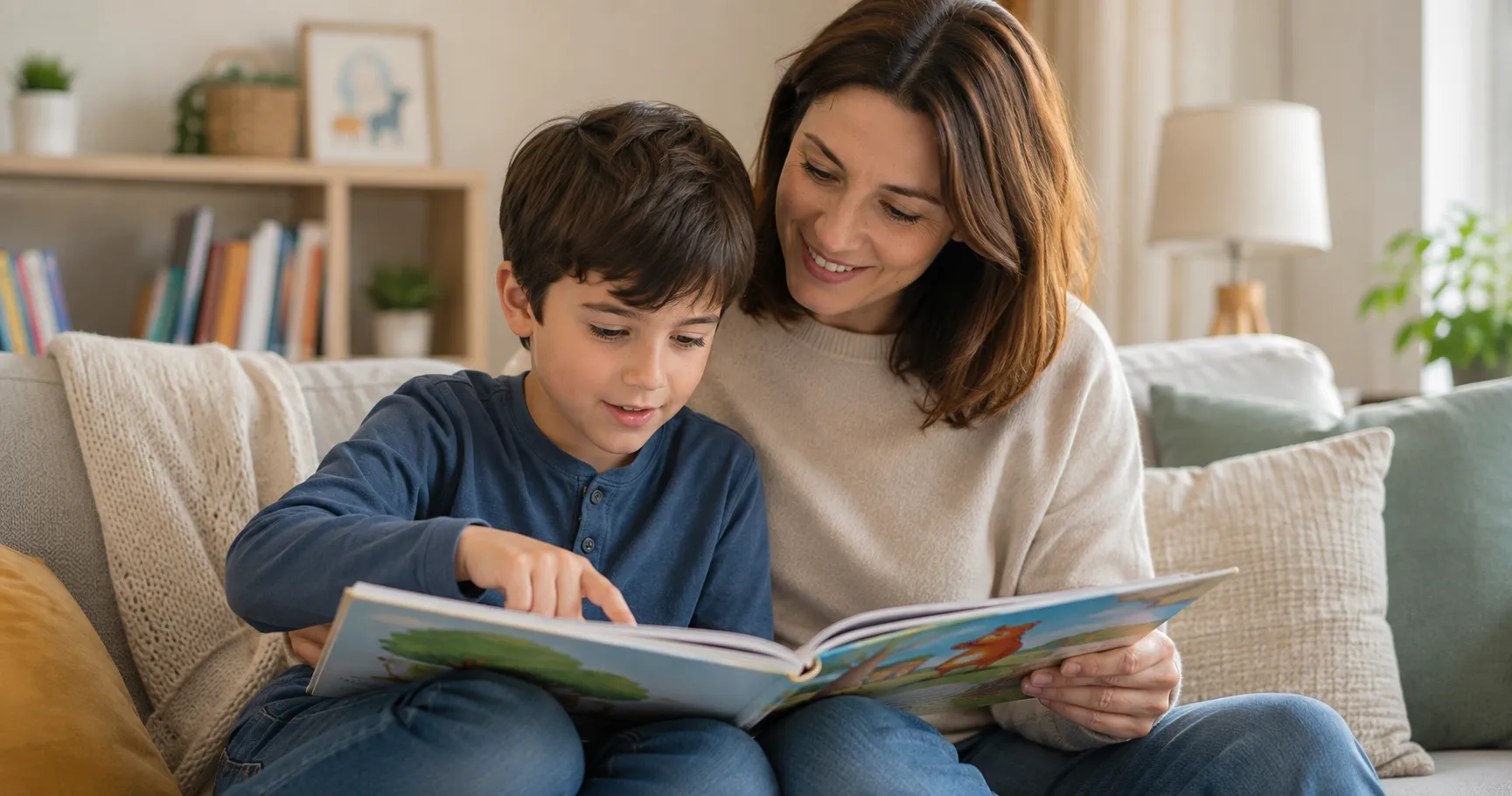 Madre acompañando a su hijo de 7 años durante la lectura de un cuento infantil en un ambiente tranquilo y de confianza.