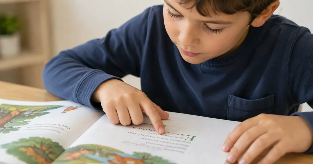 Niño de Educación Primaria siguiendo con el dedo la lectura de un cuento ilustrado.