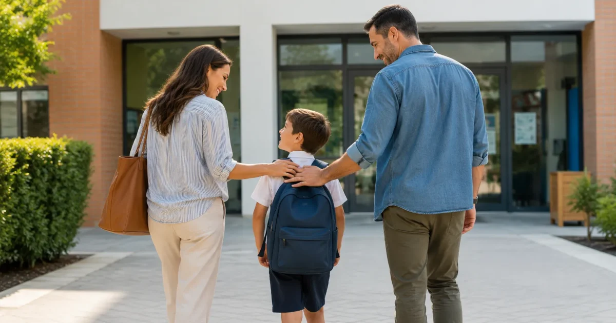 Niño iniciando el curso escolar acompañado por su familia