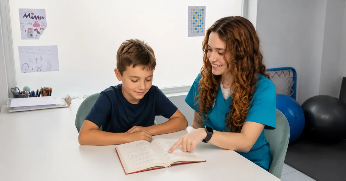 Niño leyendo acompañado por un adulto en un entorno tranquilo mientras desarrolla habilidades relacionadas con el aprendizaje.